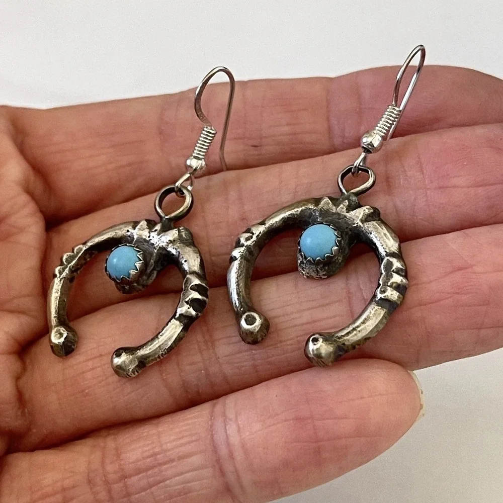 Navajo Naja Earrings Turquoise 1.75in Signed CY Sterling‎ Matte Hook Dangle
